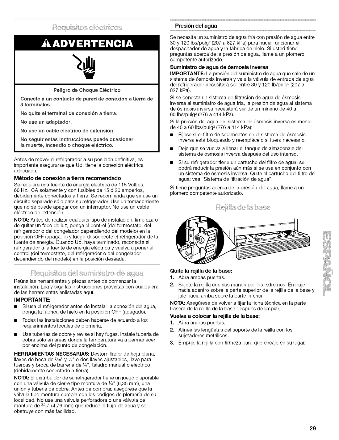 Kenmore 2305761A manual M6todo de conexibn a tierra recomendado, Importante, Presibn del agua, Quite la rejilla de la base 