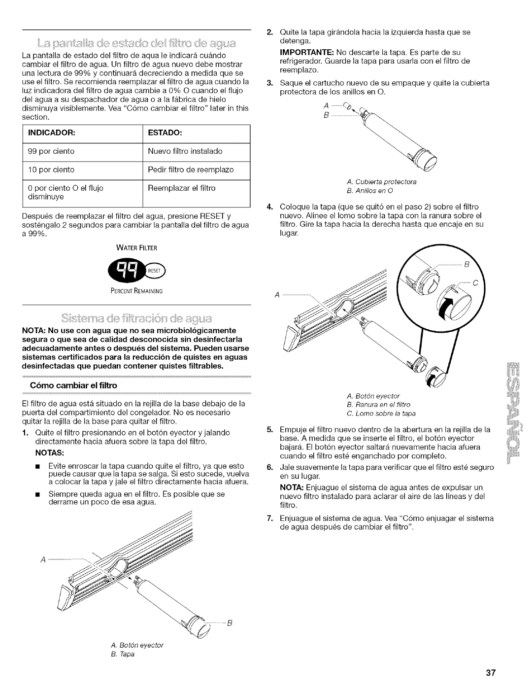 Kenmore 2305761A manual Cbmo cambiar el filtro, Indicadorestado 