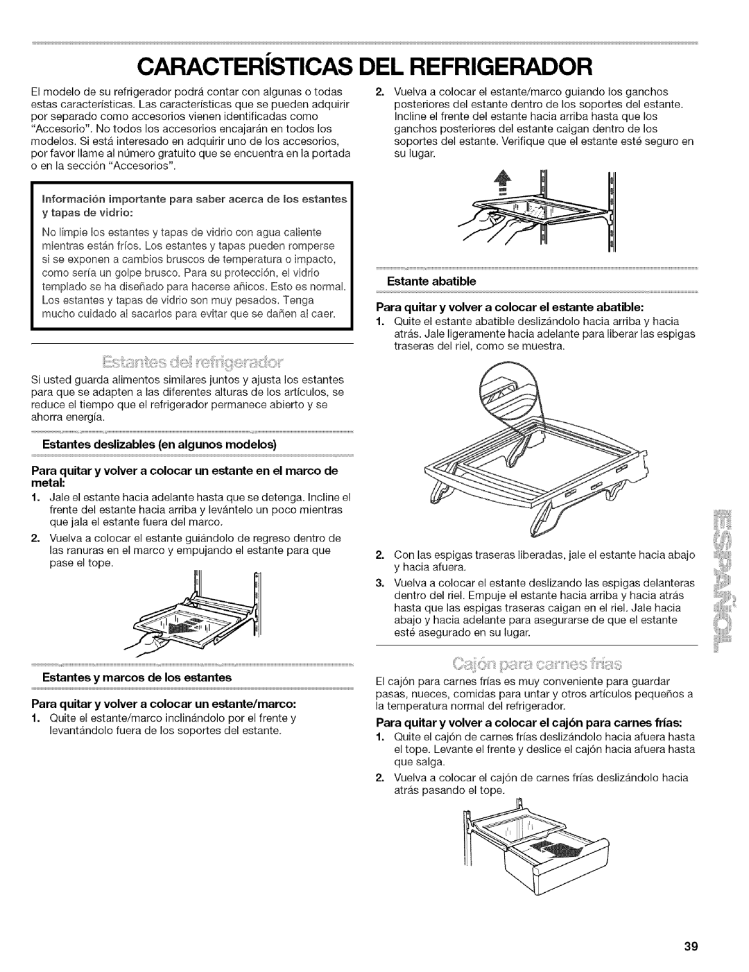 Kenmore 2305761A manual Estantes deslizables en algunos modelos, Para quitar y volver a colocar el cajbn para carries frias 