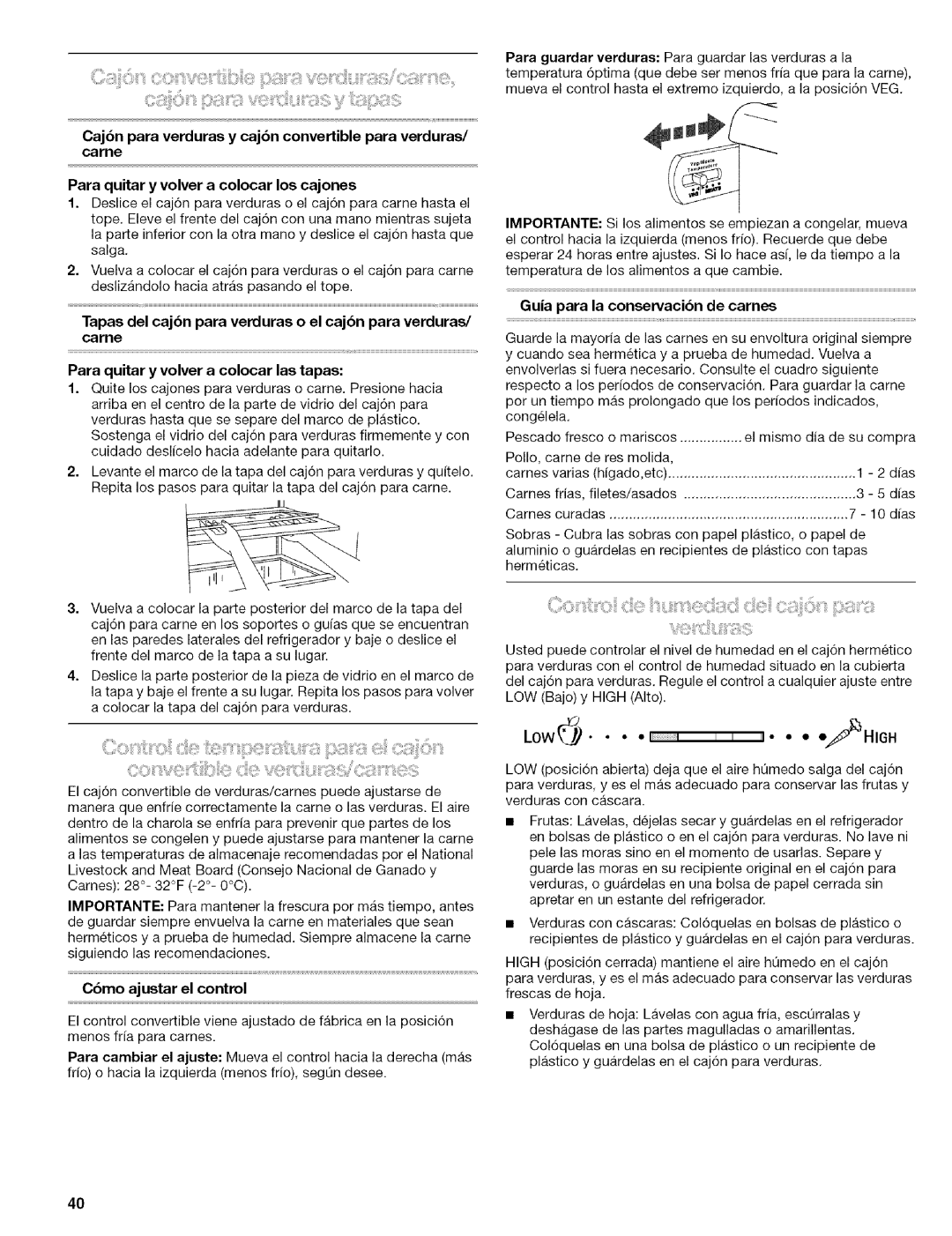 Kenmore 2305761A manual Cbmo ajustar el control, Guia para la conservacibn de carnes 