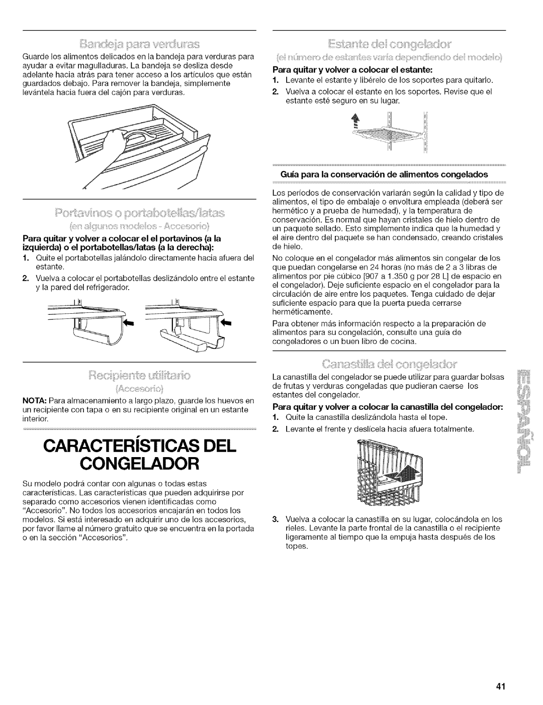 Kenmore 2305761A manual Para quitar y volver a colocar el estante, Guia para la conservacibn de alimentos congelados 