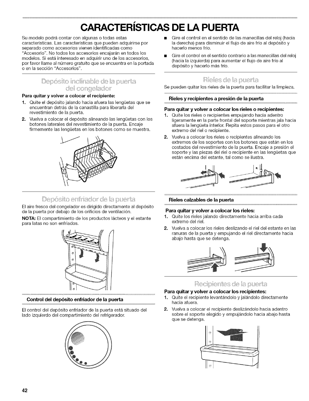 Kenmore 2305761A manual Para quitar y volver a colocar el recipiente, Control del depbsito enfriador de la puerta 