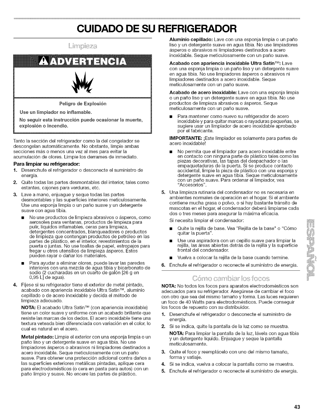 Kenmore 2305761A manual Cuidado DE SU Refrigerador, No eeguir eeta instruccion puede ocasonar marnuerte 