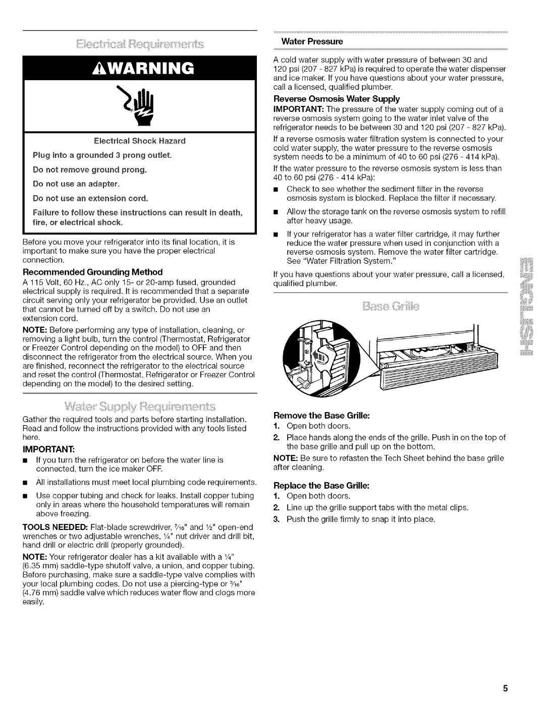 Kenmore 2305761A manual Recommended Grounding Method, Water Pressure, Reverse Osmosis Water Supply, Replace the Base Grille 