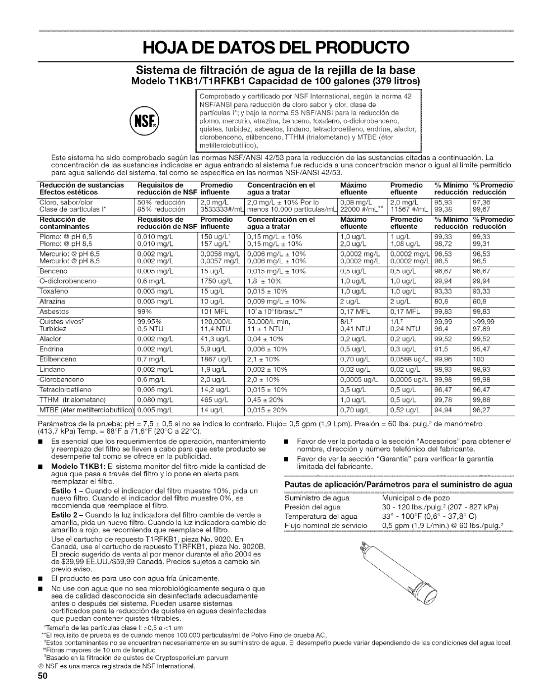 Kenmore 2305761A manual Hoja DE Datos DEL Producto, Sistema de filtracibn de agua de la rejilla de la base 