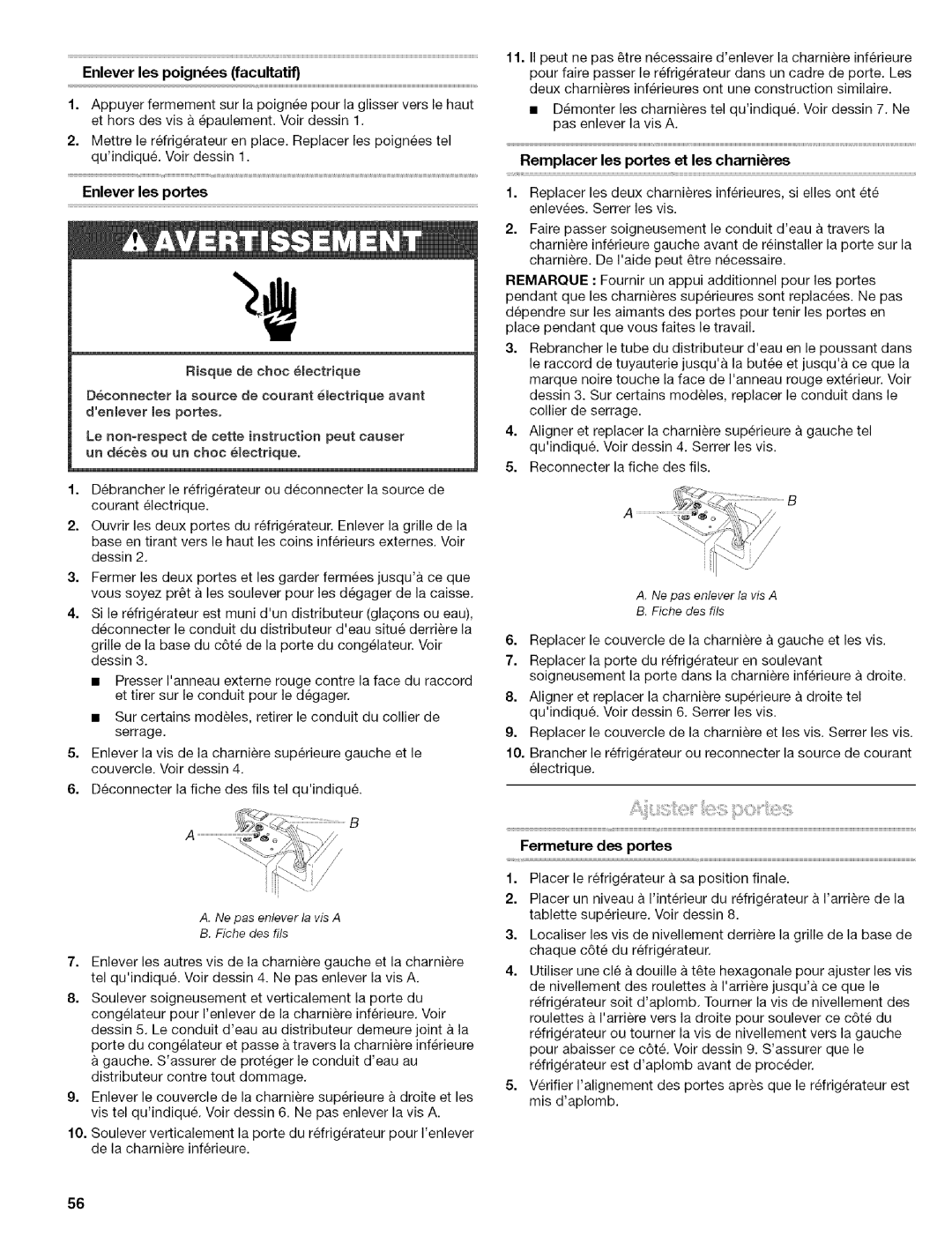 Kenmore 2305761A manual Enlever les poignes facultatif, Enlever les portes, Remplacer les portes et les charnires 