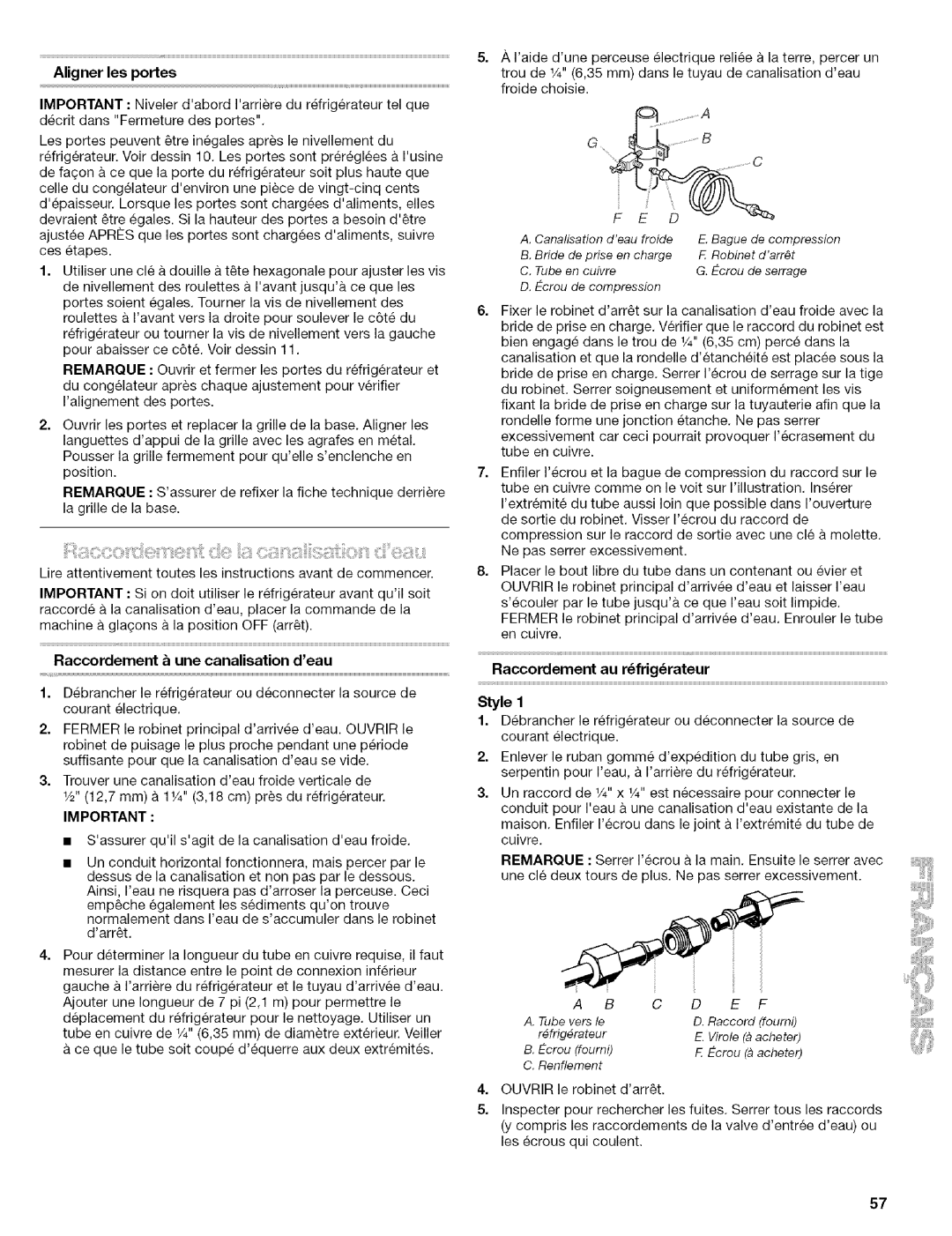 Kenmore 2305761A manual Aligner les portes, Raccordernent & une canalisation deau, Raccordement au rfrigrateur 