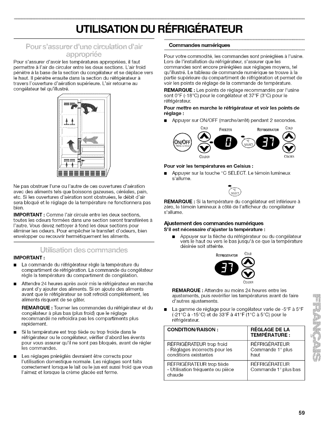 Kenmore 2305761A Utilisation DU RI!FRIGI!RATEUR, Commandes numriques, Pour voir les temperatures en Celsius, Riglage DE LA 