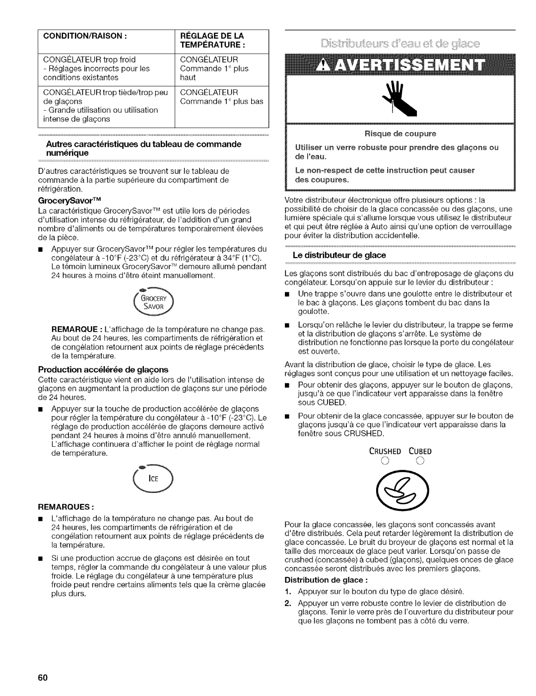 Kenmore 2305761A manual Congclateur, Autres caractristiques du tableau de commande numrique, Production acclre de gla£ons 