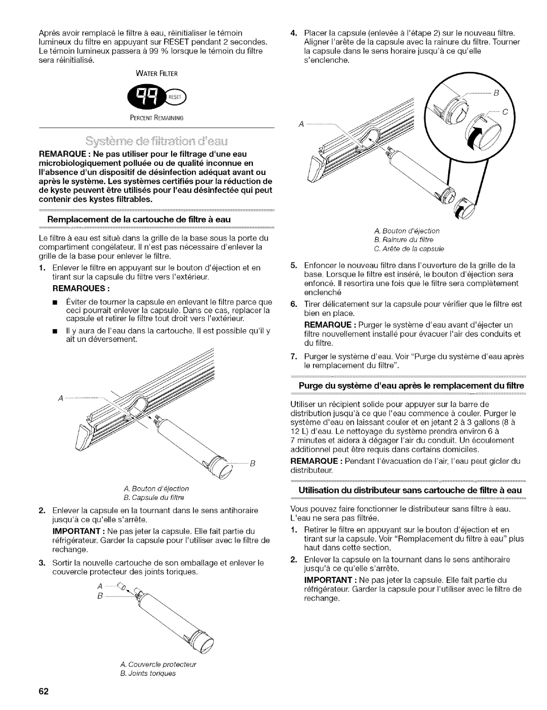 Kenmore 2305761A manual Purge du systme deau aprs le remplacement du flltre 