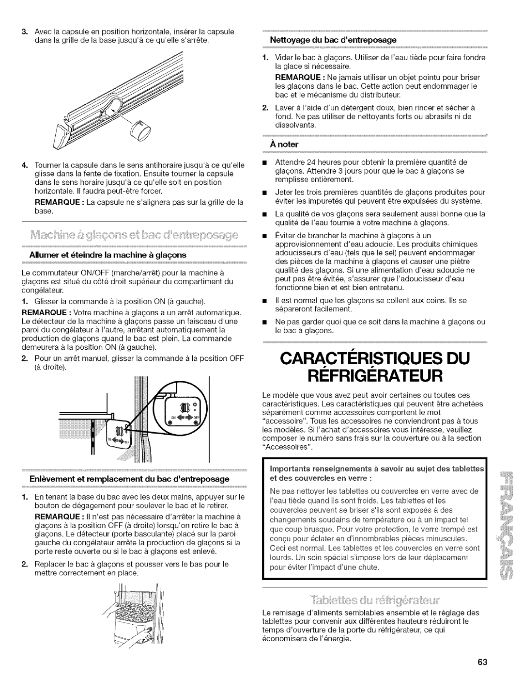 Kenmore 2305761A RI Frigi Rateur, Allumer et teindre la machine glaqons, Enlvement et remplacement du bac dentreposage 