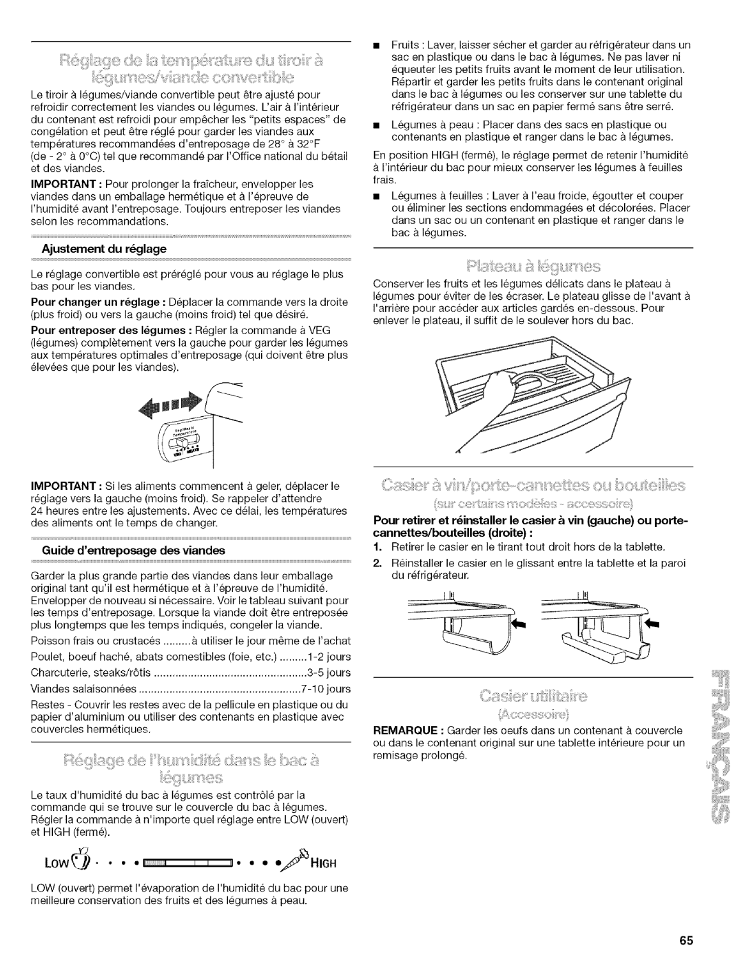 Kenmore 2305761A manual Ajustement du rglage, Guide dentreposage des viandes 