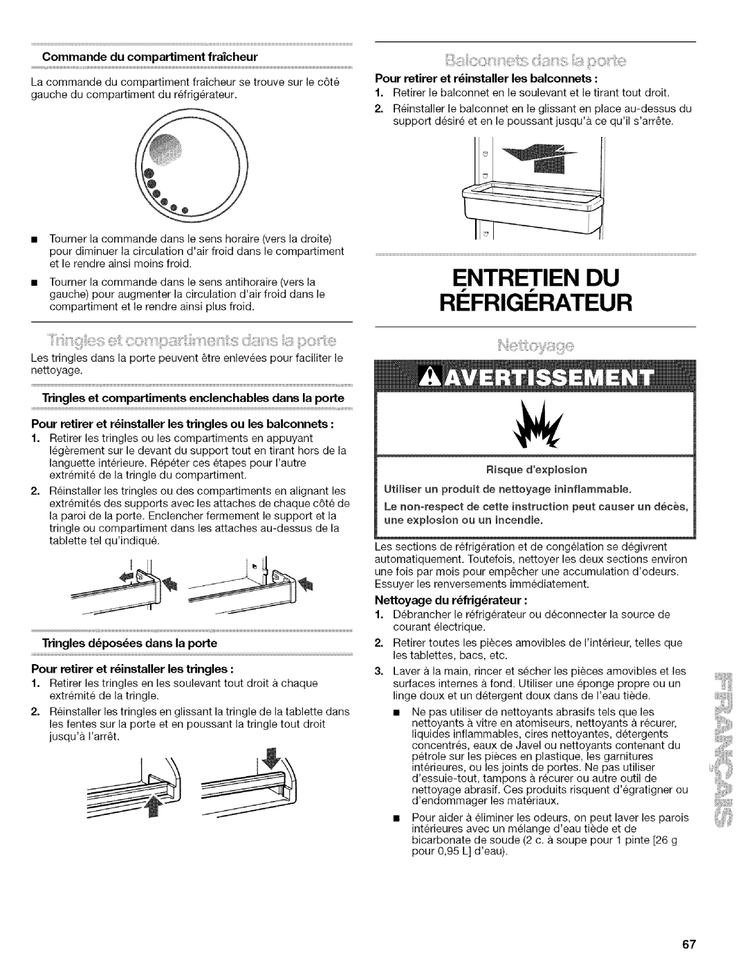 Kenmore 2305761A manual Entretien DU RI Frigi Rateur, Commande du compartiment fraicheur, Nettoyage du rfrigrateur 