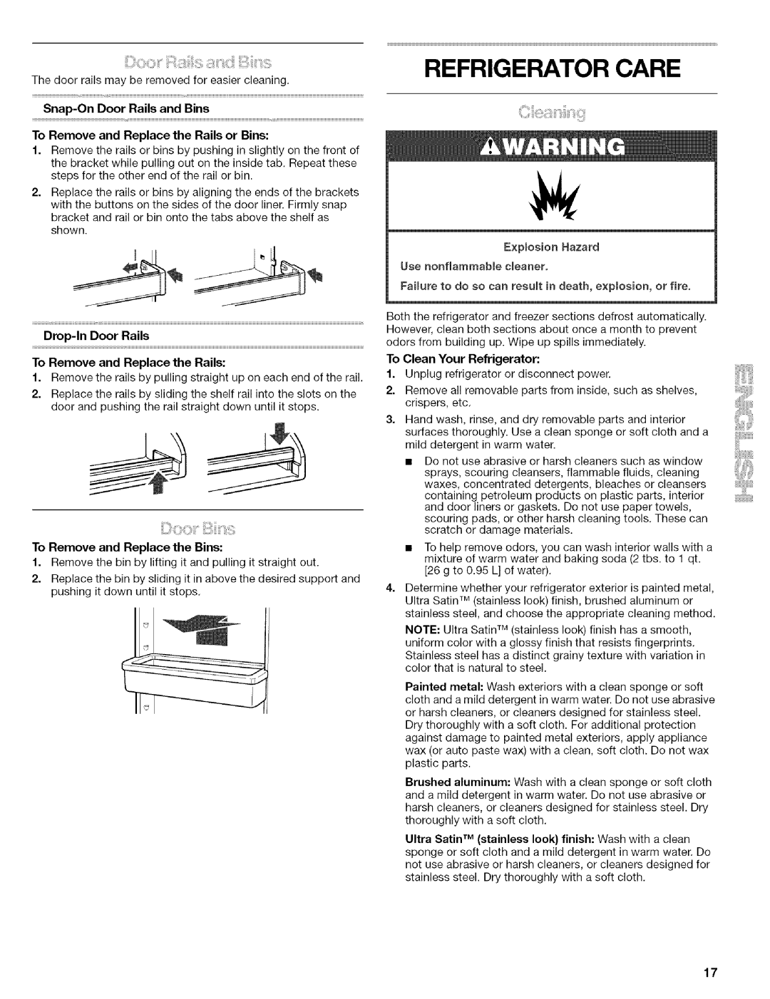 Kenmore 2305761A manual Refrigerator Care, Snap-OnDoor Rails and Bins, To Remove and Replace the Rails or Bins 
