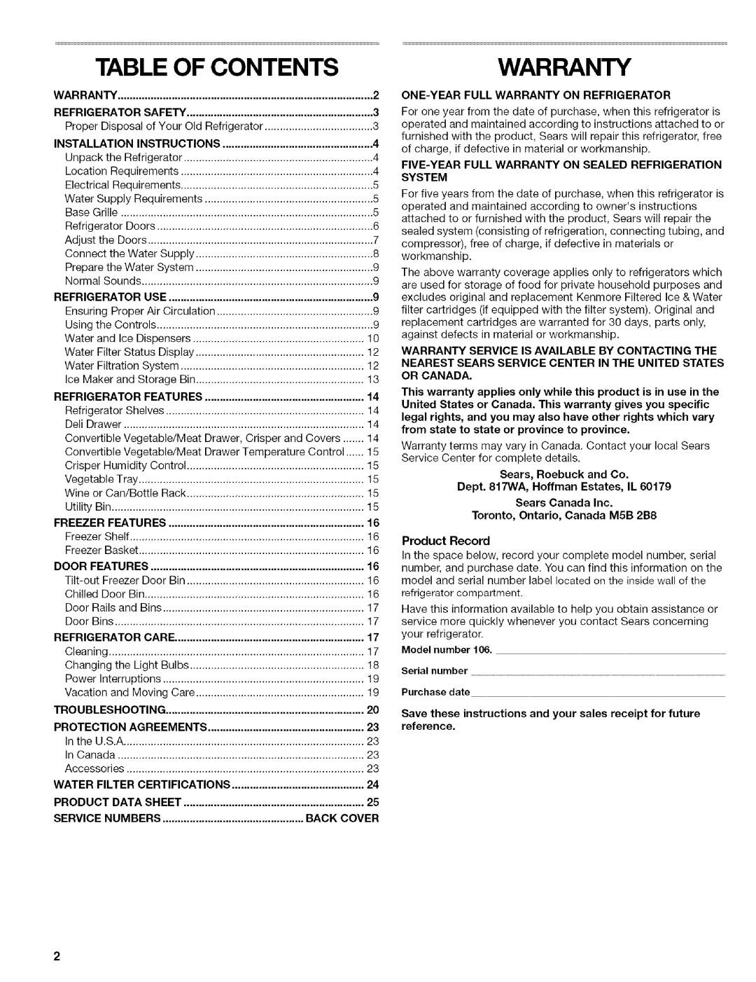 Kenmore 2305761A Table Of Contents, Warranty, Refrigerator, Features, Troubleshooting, Protection, Agreements, Product 
