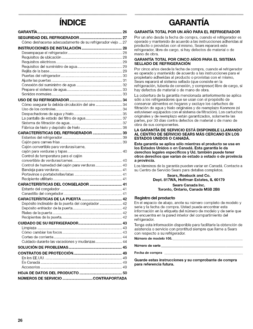 Kenmore 2305761A manual iNDICEGARANTIA, Garantia, Caracter|Sticas, De La Puerta, CUlDADO, Solucion, Contratos De Proteccion 