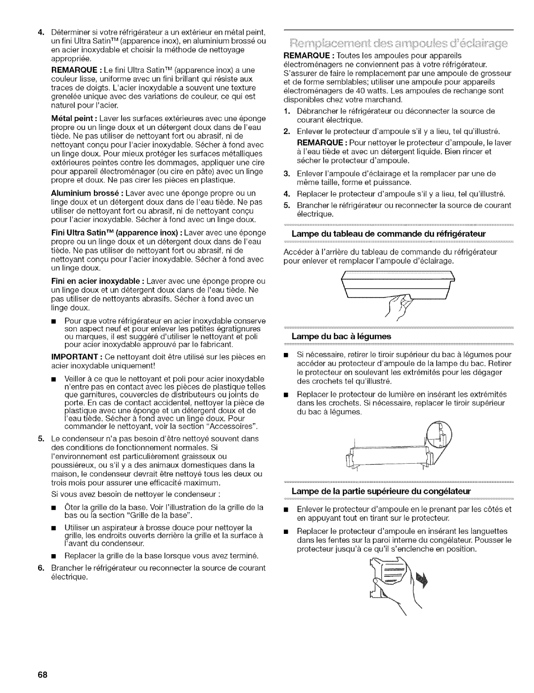 Kenmore 2305761A manual Lampe du bac & I gumes, Lampe du tableau de commande du r_frig_rateur 