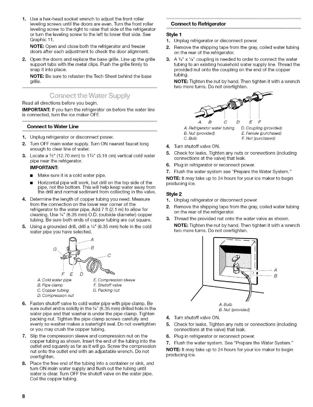 Kenmore 2305761A manual Connect to Refrigerator, Connect to Water Line 