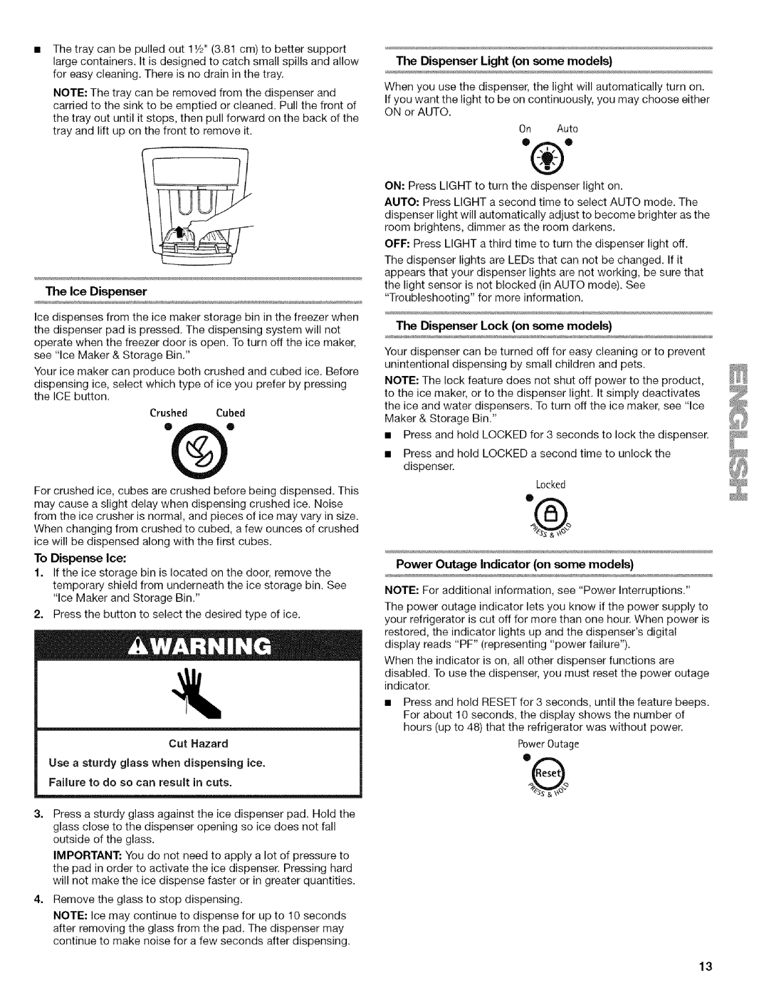 Kenmore 2318589 manual Thelce Dispenser, Power Outage Indicator on some models 