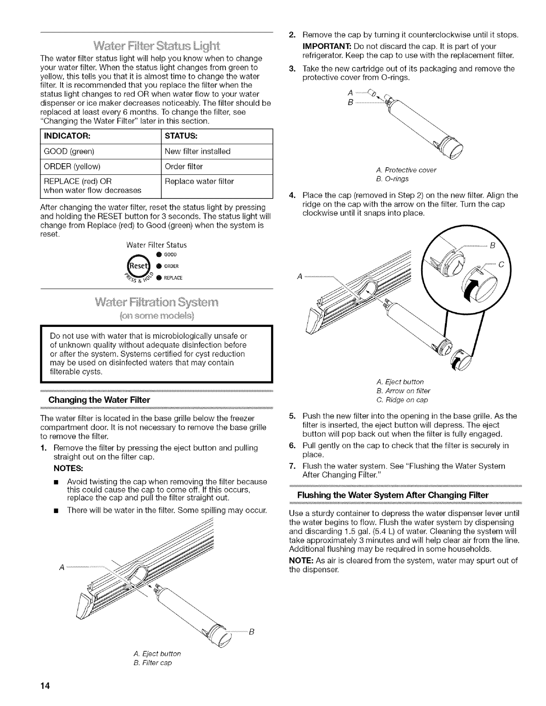 Kenmore 2318589 manual Changing the Water Filter, Flushing the Water System After Changing Filter, Indicator 