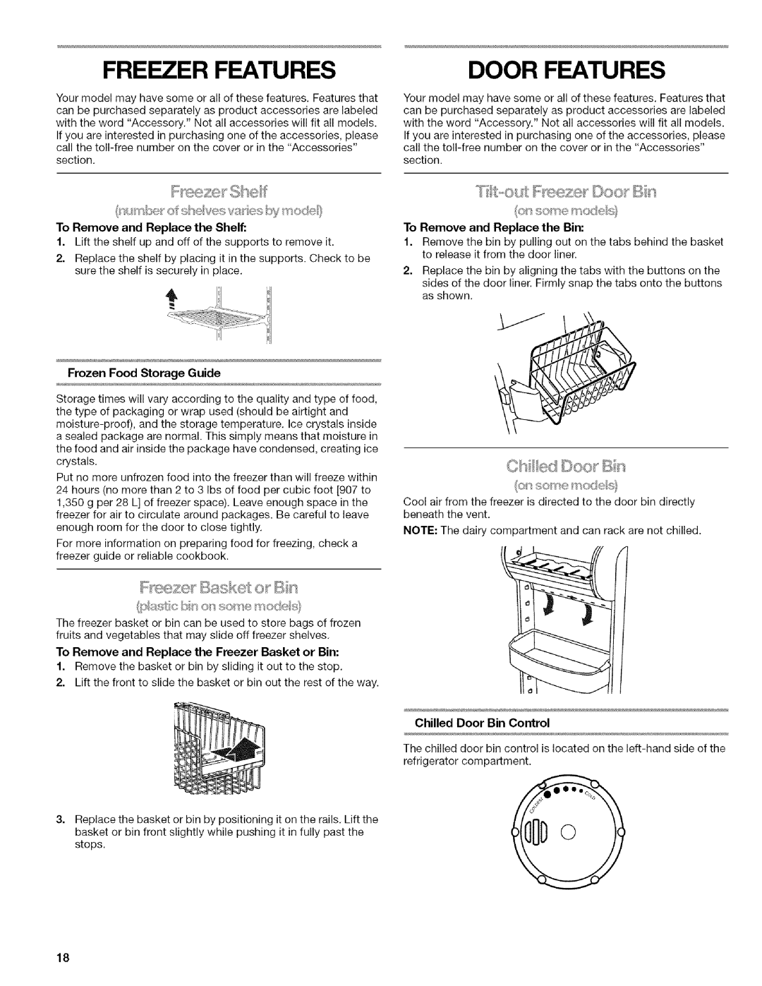 Kenmore 2318589 manual Freezer Features, Door Features 