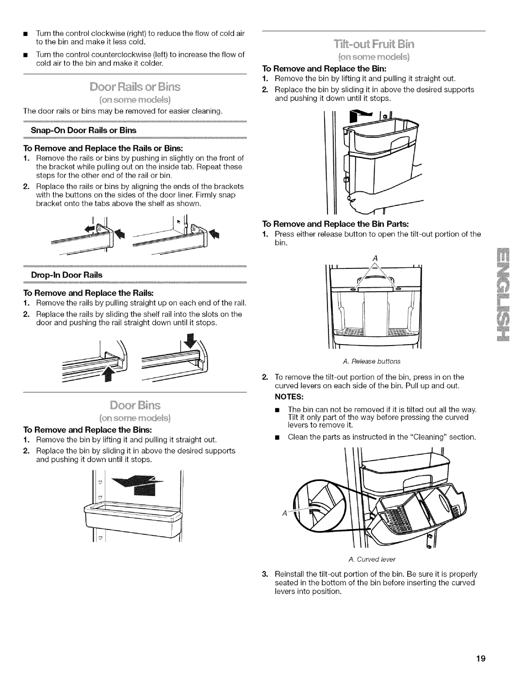 Kenmore 2318589 manual RT,-d, Door rails or bins may be removed for easier cleaning, Snap-On Door Rails or Bins 