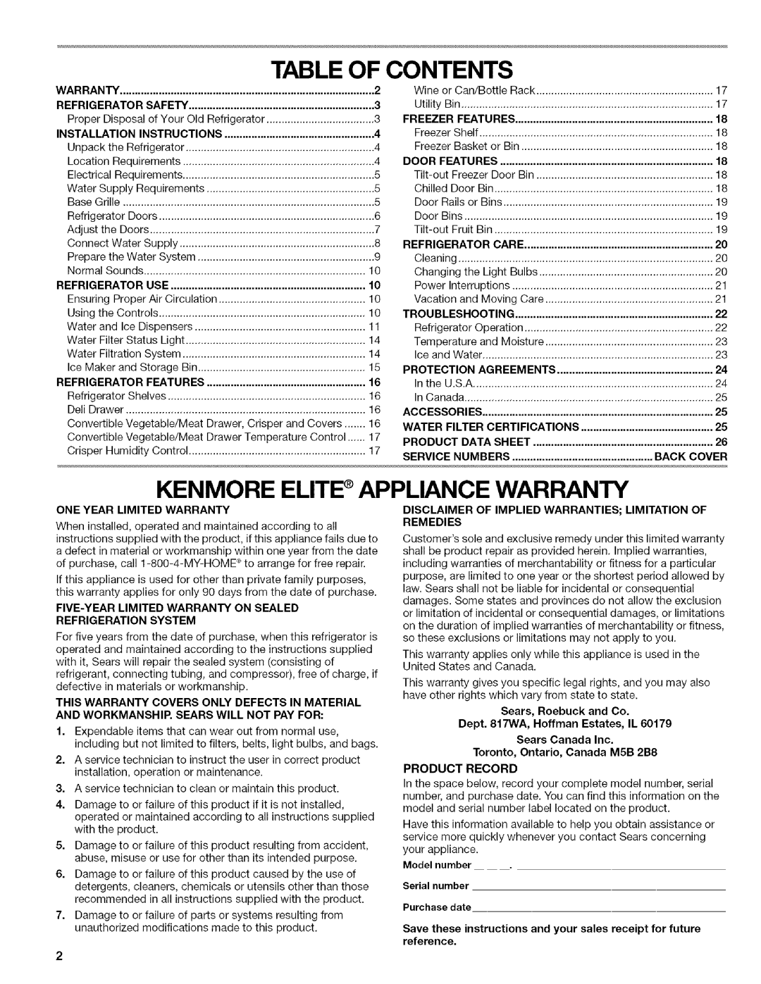 Kenmore 2318589 manual Table of Contents 