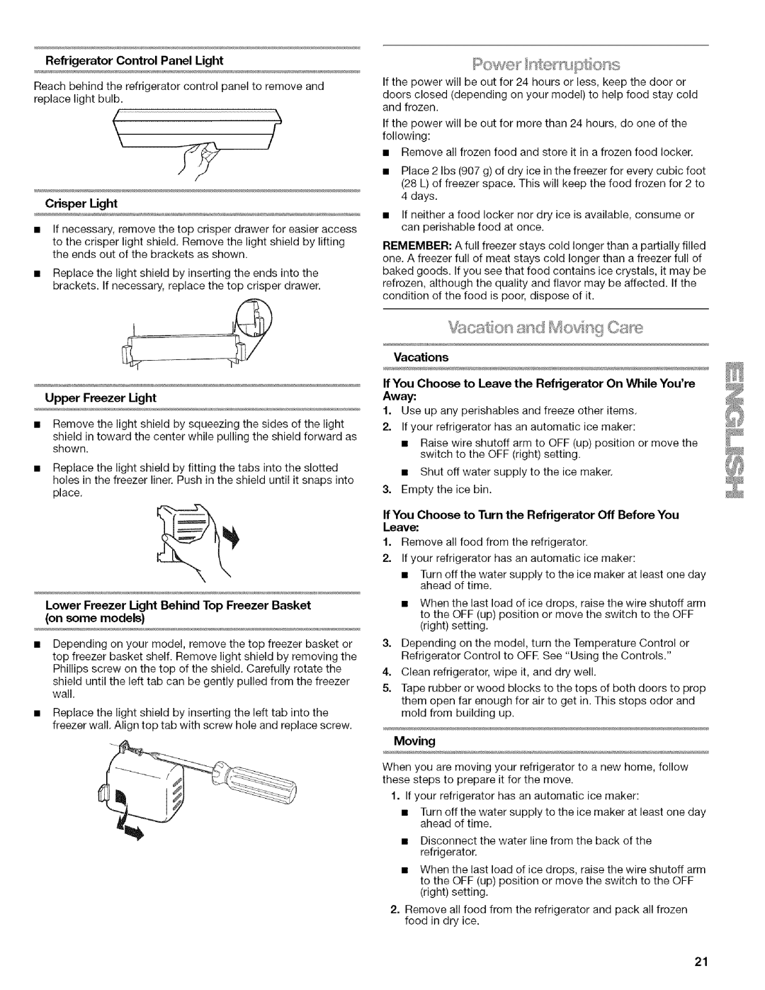 Kenmore 2318589 manual Refrigerator Control Panel Light, Crisper Light, Upper Freezer Light, Moving 