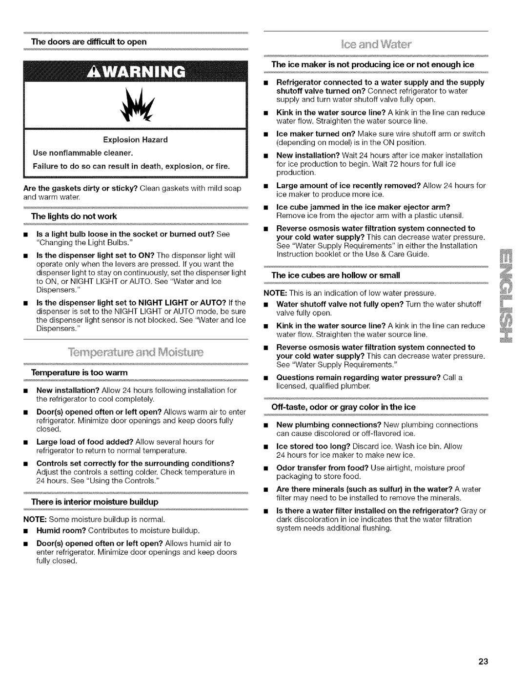 Kenmore 2318589 manual There is intedor moisture buildup, Doors are difficult to open Explosion Hazard 