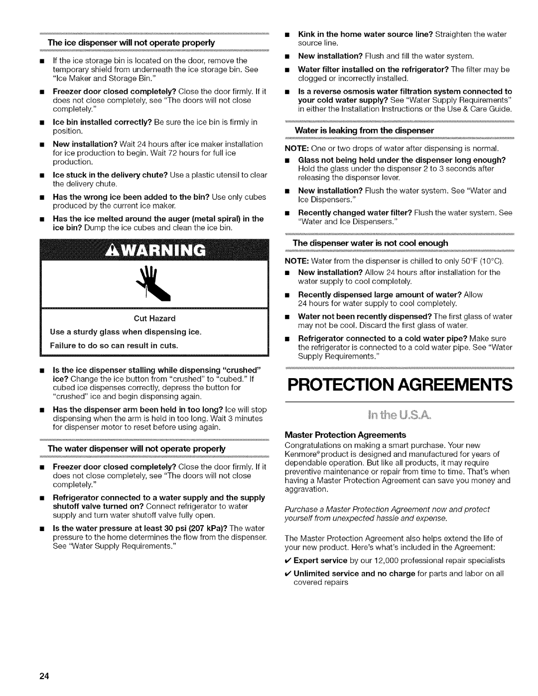 Kenmore 2318589 manual Protection Agreements, Water dispenser will not operate properly 