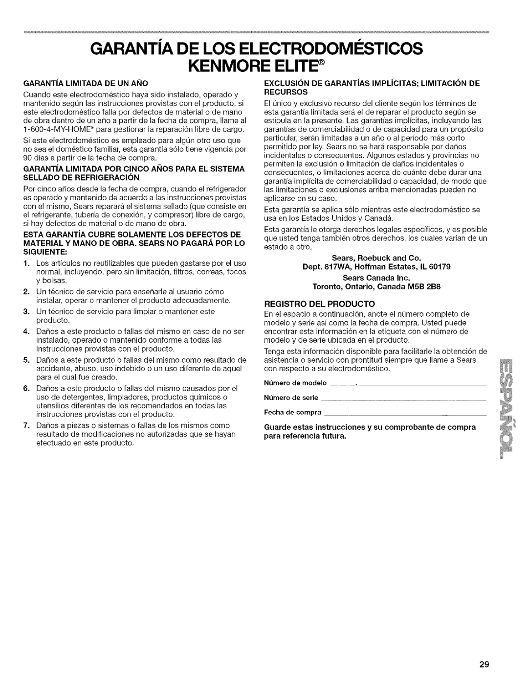 Kenmore 2318589 manual Garanta DE LOS Electrodomi Sticos Kenmore Elite, Garanta Limitada DE UN Aiio, Registro DEL Producto 