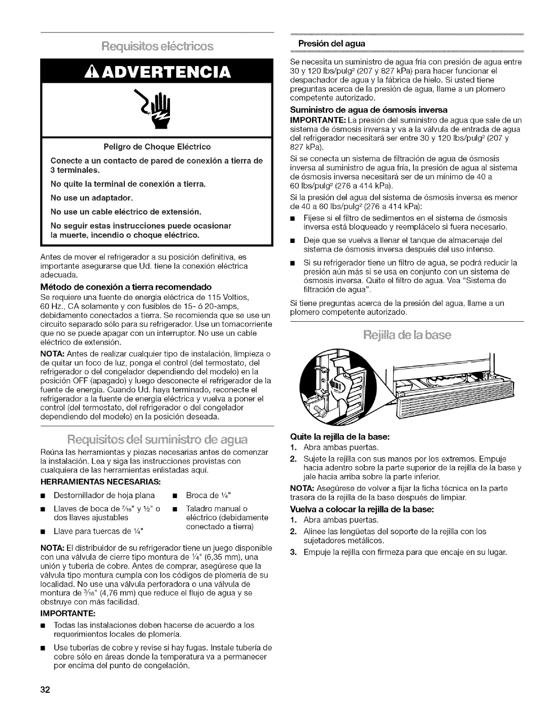 Kenmore 2318589 manual Presibn del agua, Herramientas Necesarias, Importante 