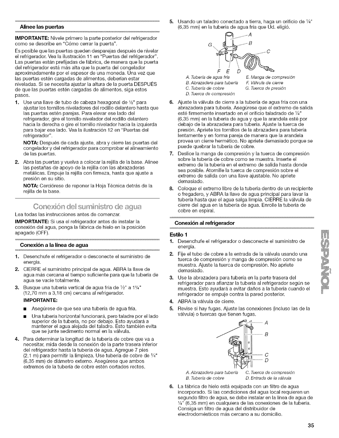 Kenmore 2318589 manual Conexibn al refrigerador, Alinee las puertas, Conexibn a la linea de agua, Estilo 