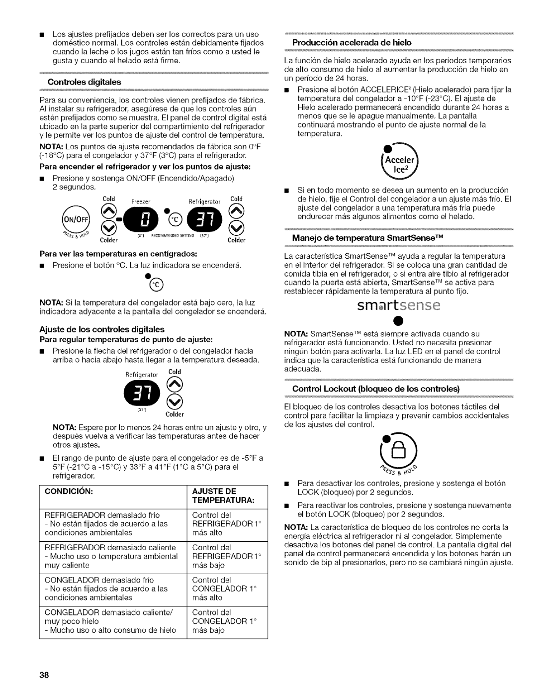 Kenmore 2318589 manual Controles digitales, Produccibn acelerada de hielo, Manejo de temperatura SmartSense TM 