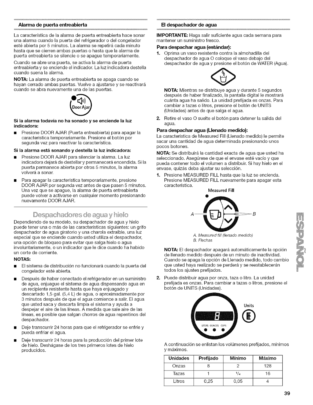 Kenmore 2318589 manual Alarmadepuertaentreabierta, El despachador de agua, Notas 