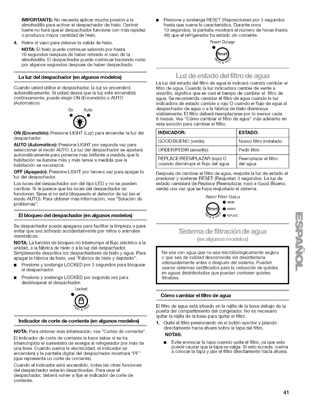 Kenmore 2318589 manual La luz del despachador en algunos modelos, Cbmo cambiar el filtro de agua 