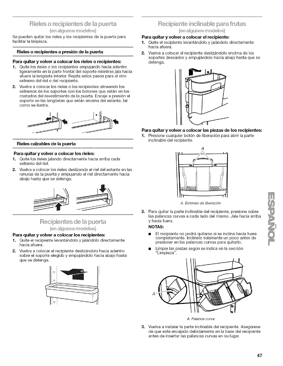 Kenmore 2318589 manual Para quitar y volver a colocar el recipiente, Para quitar y volver a colocar los recipientes 