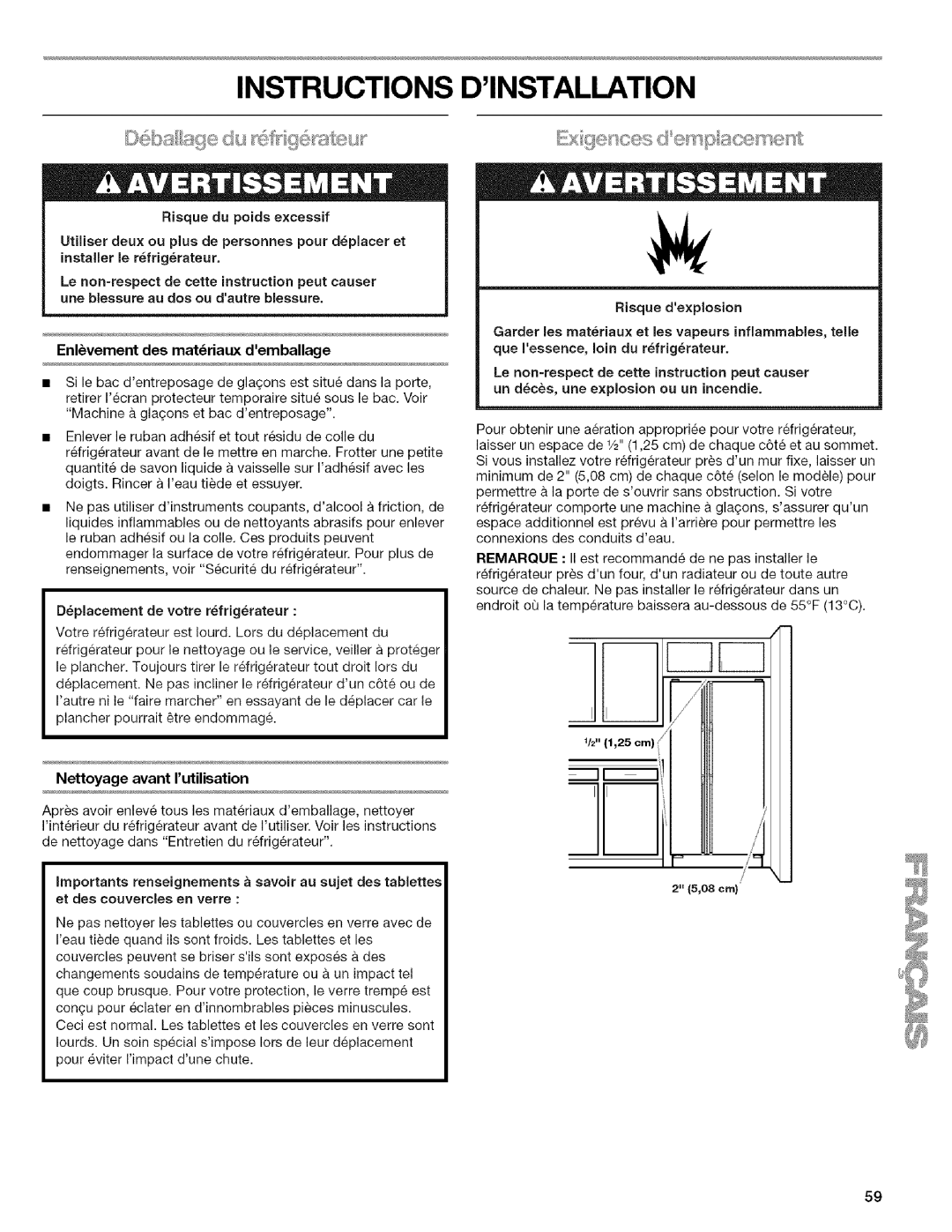 Kenmore 2318589 manual Instructions Dinstallation, Enlvement des matriaux demballage, Nettoyage avant rutilisation, 08cm 