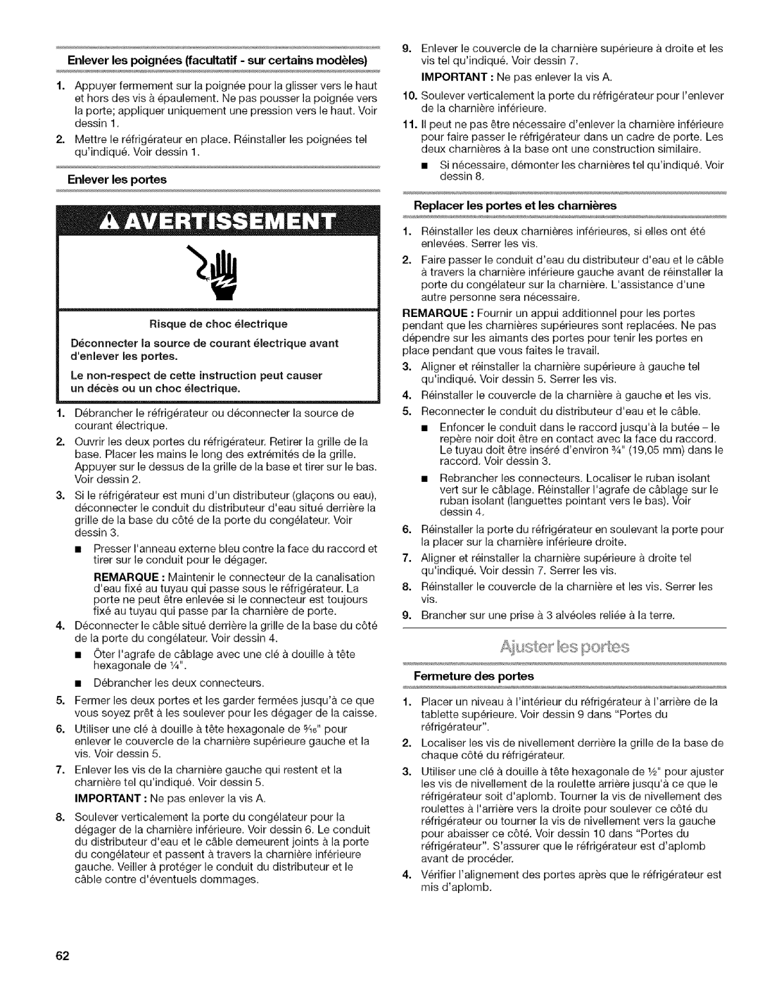 Kenmore 2318589 manual Enlever les poignes facultatif sur certains modules, Replacer les portes et les charnires 