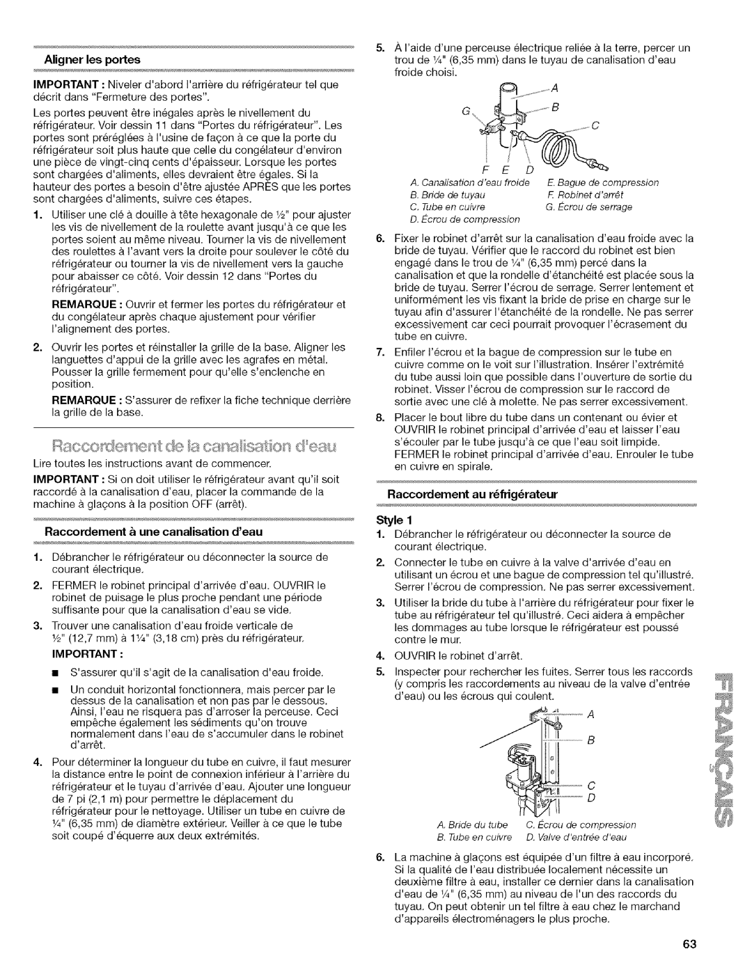 Kenmore 2318589 manual Alignerlesportes, Raccordement au rfrigrateur, Raccordement une canalisation deau 