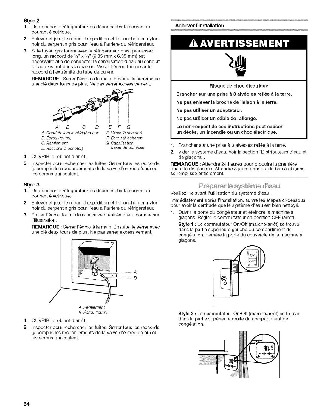 Kenmore 2318589 manual Achever rinstallation, Risque de choc lectrique 