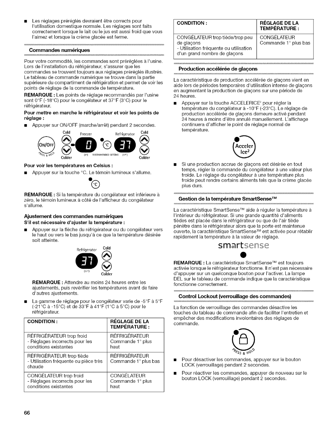 Kenmore 2318589 manual Commandes numriques, Production acclre de glagons, Gestion de la temperature SmartSense TM 