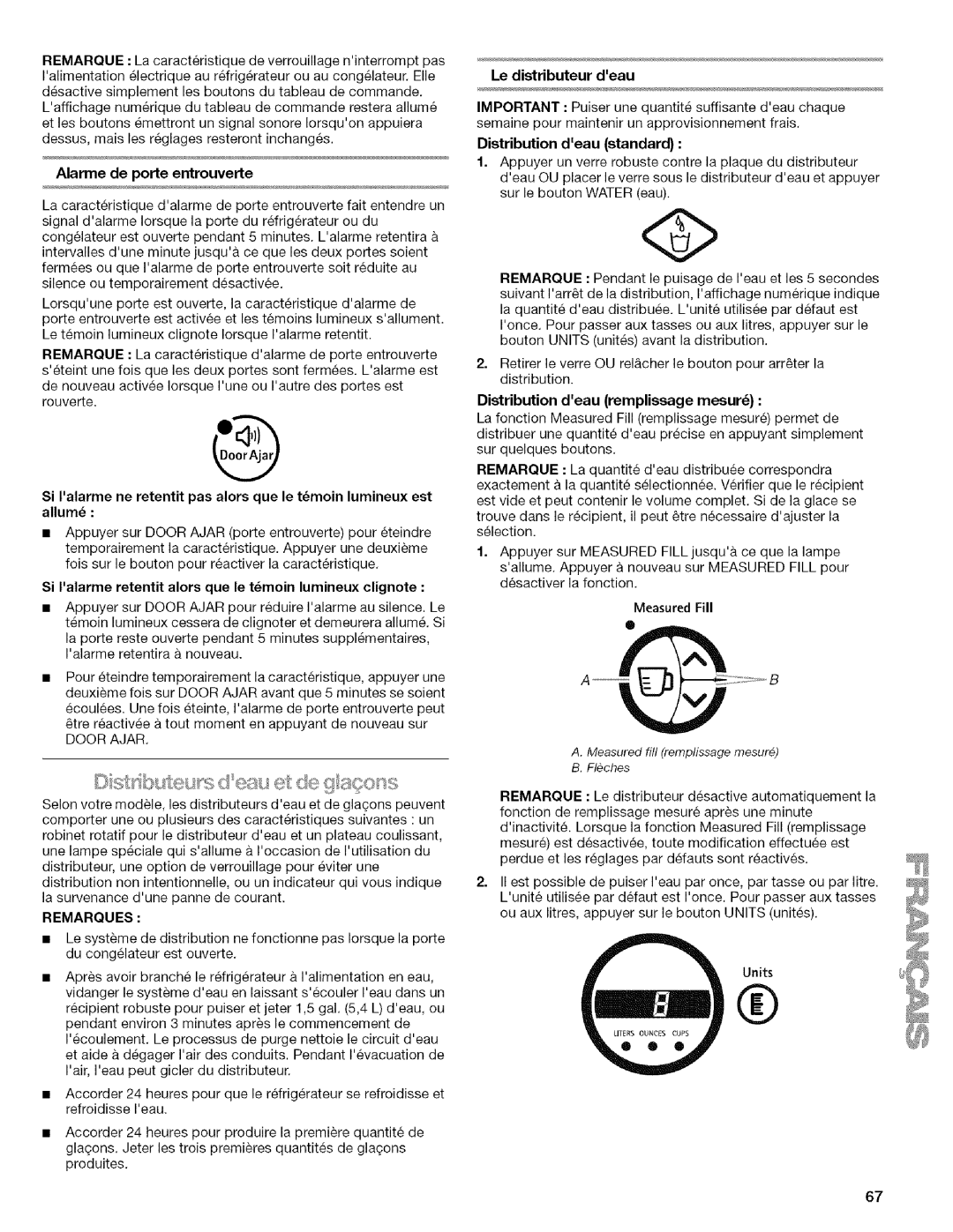 Kenmore 2318589 manual Le distributeur deau, Si Ialarme retentit alors que le tmoin lumineux clignote, Remarques 