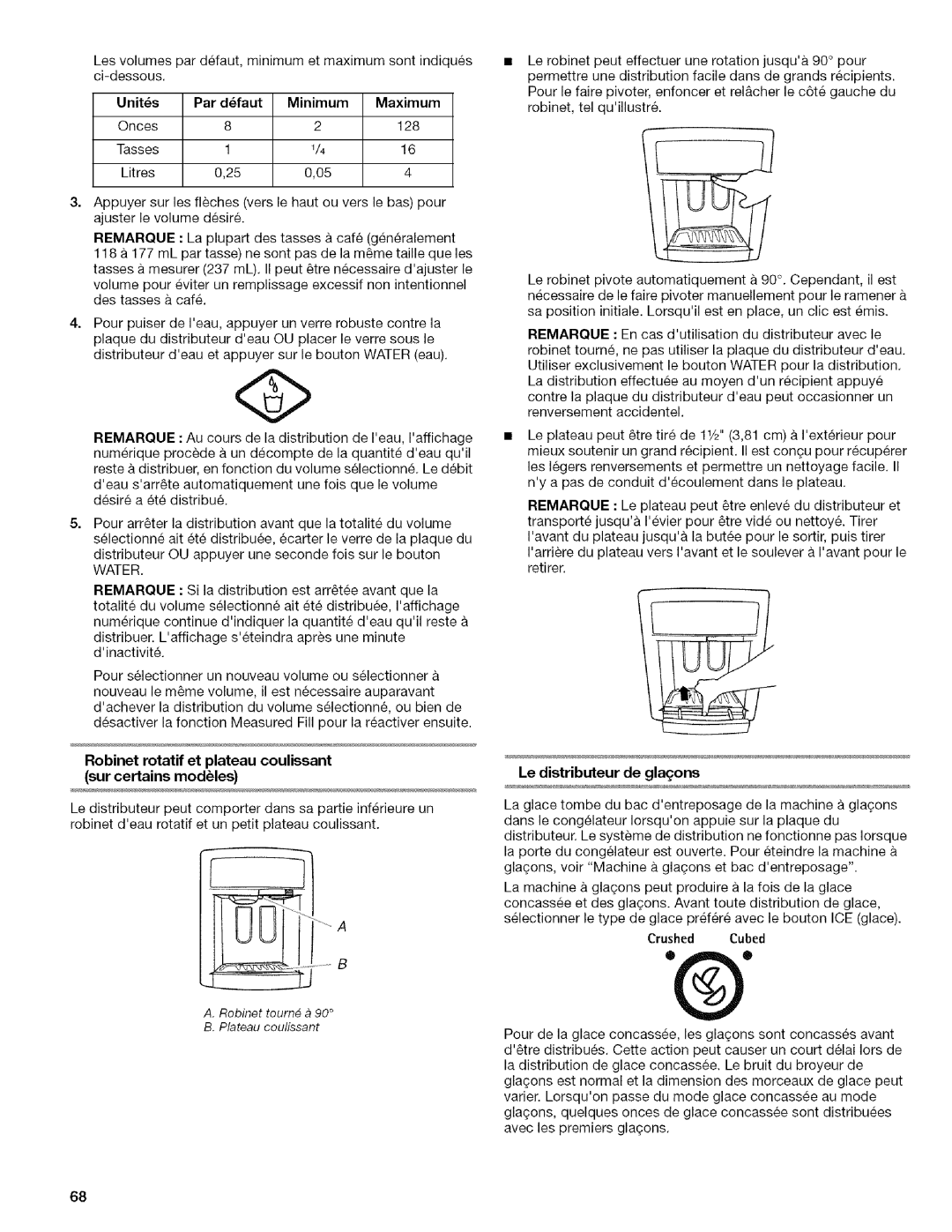 Kenmore 2318589 manual Robinet rotatif et plateau coulissant sur certains modules, Le distributeur de glaqons 