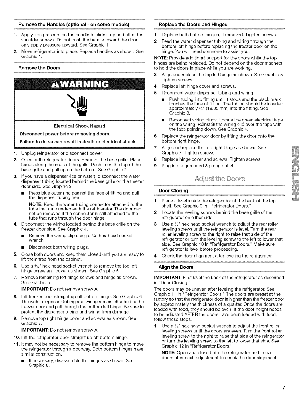 Kenmore 2318589 Replace the Doors and Hinges, Remove the Handles optional on some models, Door Closing, Align the Doors 