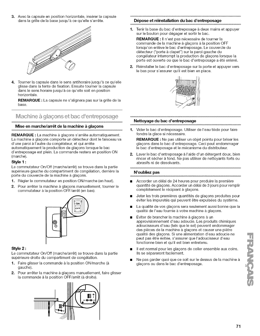 Kenmore 2318589 manual Dpose et rinstallation du bac dentreposage, Nettoyage du bac dentreposage, Noubliezpas 