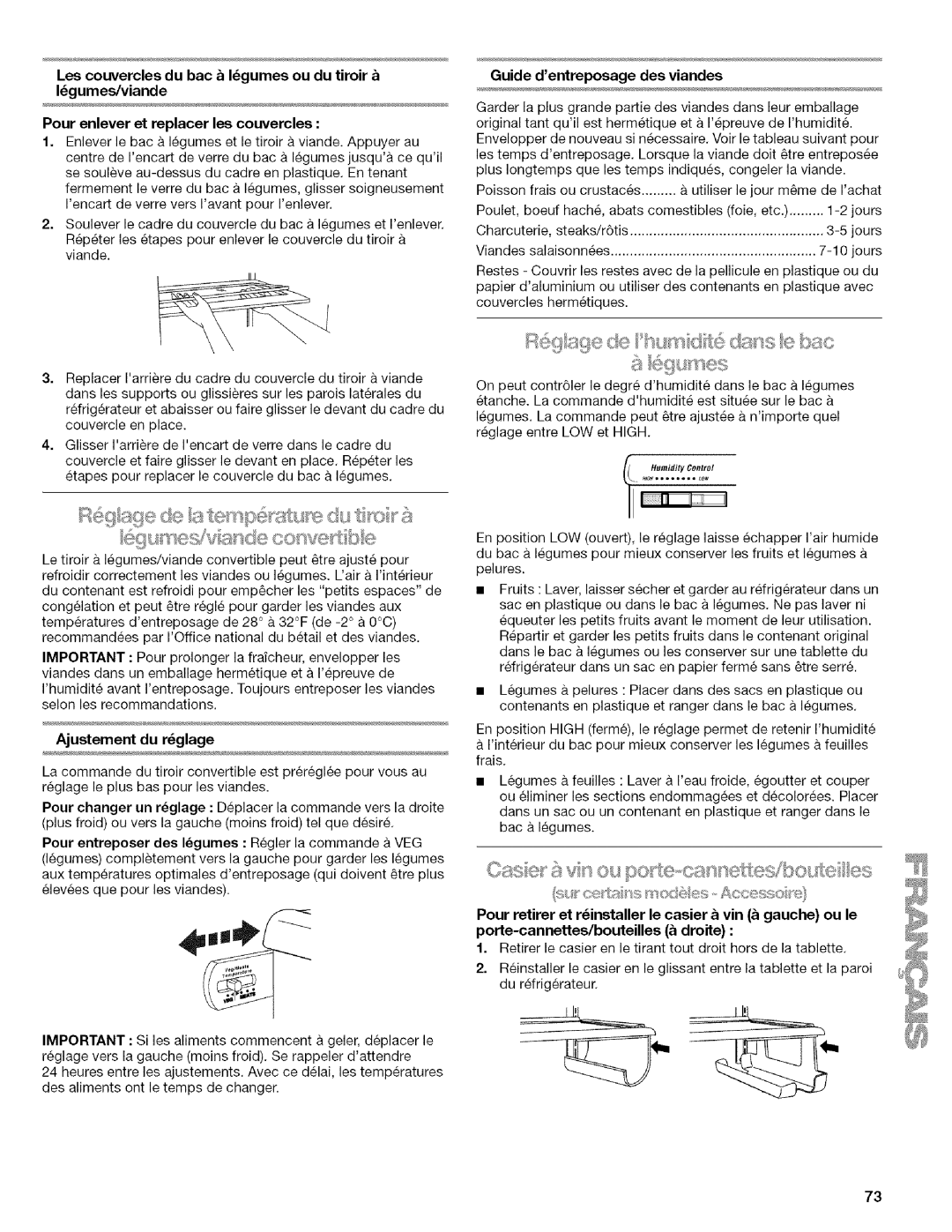 Kenmore 2318589 manual Les couvercles du bac & Igumes ou du tiroir Igumes/viande, Ajustement du rglage 