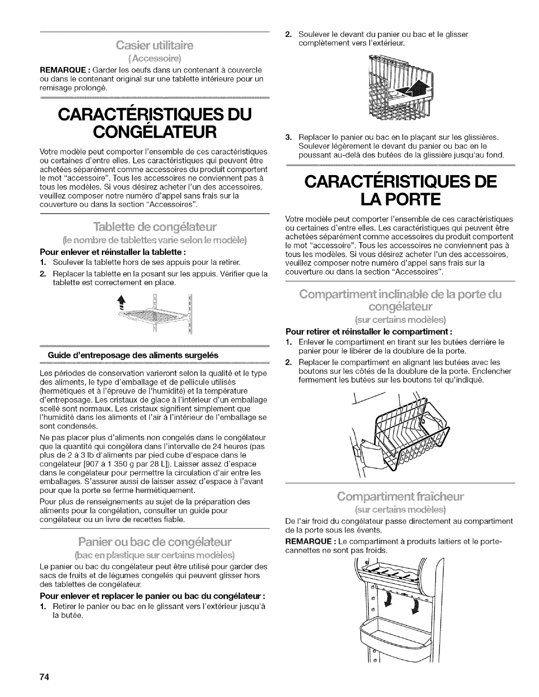 Kenmore 2318589 manual Caracteristiques DU, Caracti Ristiques DE Iaporte, Guide dentreposage des aliments surgels 