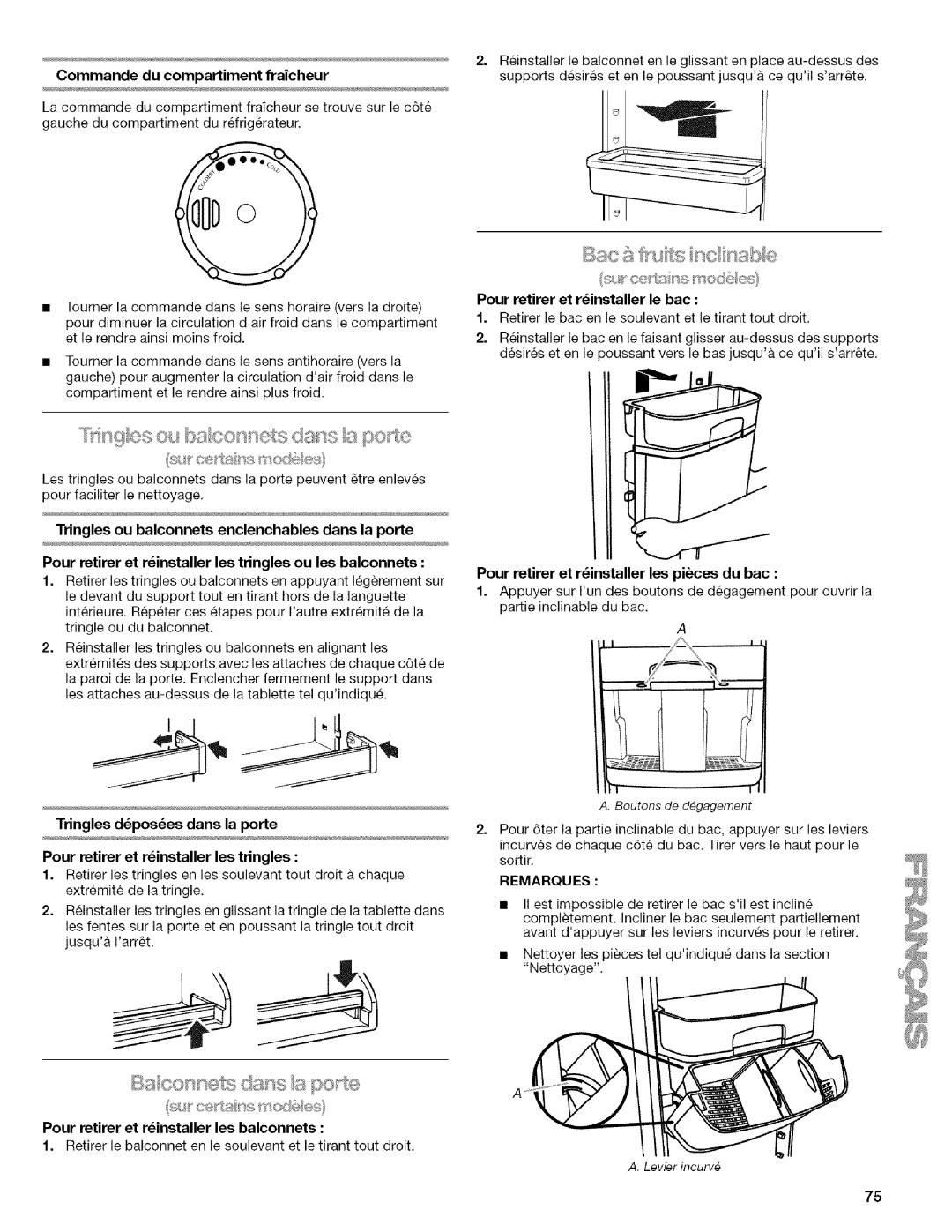 Kenmore 2318589 manual Commande du compartiment fraicheur, Pour retirer et rinstaller les balconnets 