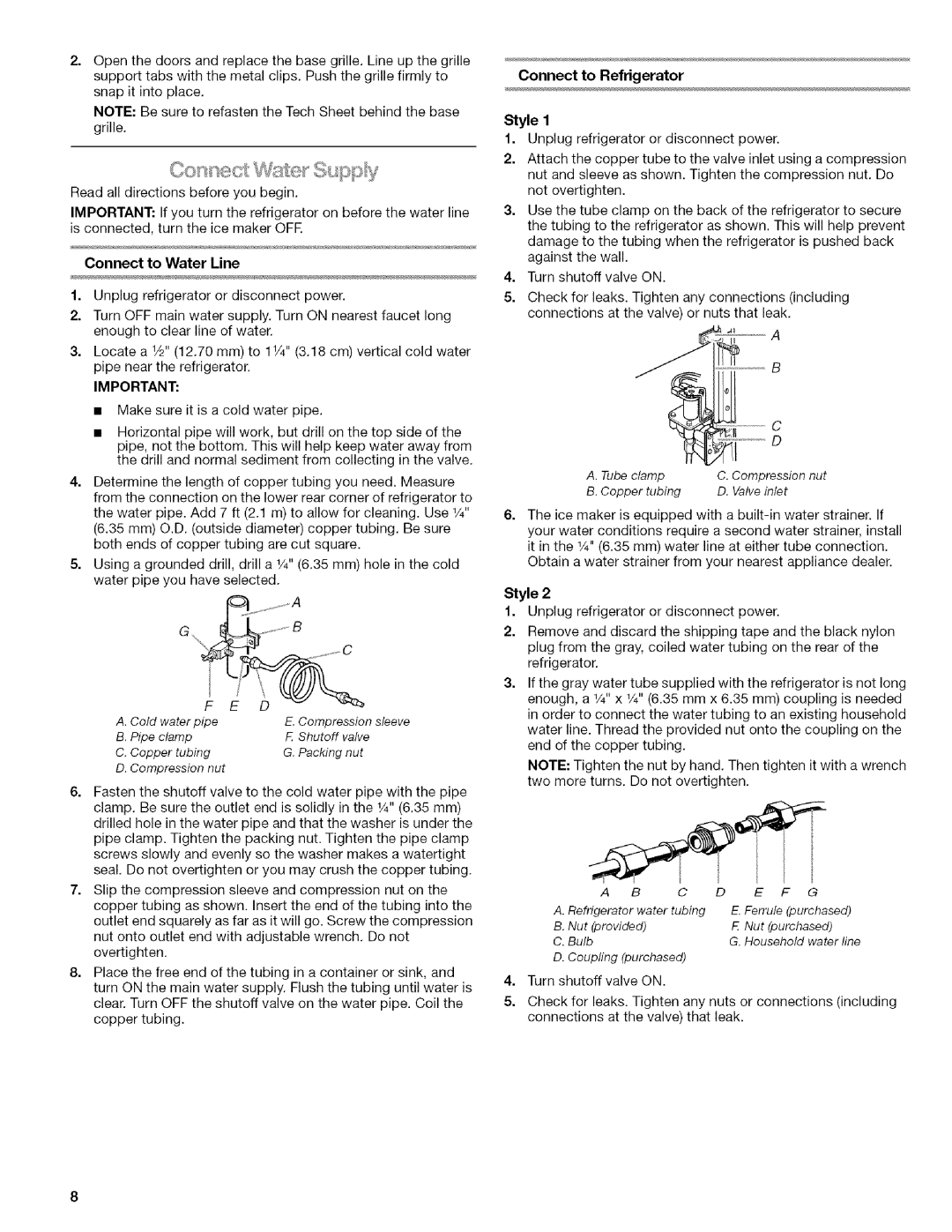 Kenmore 2318589 manual Connect to Refrigerator, Connect to Water Line 